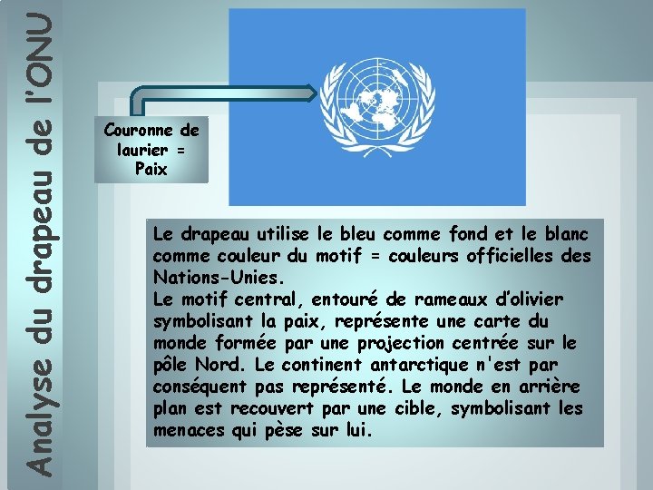 Analyse du drapeau de l’ONU Couronne de laurier = Paix Le drapeau utilise le