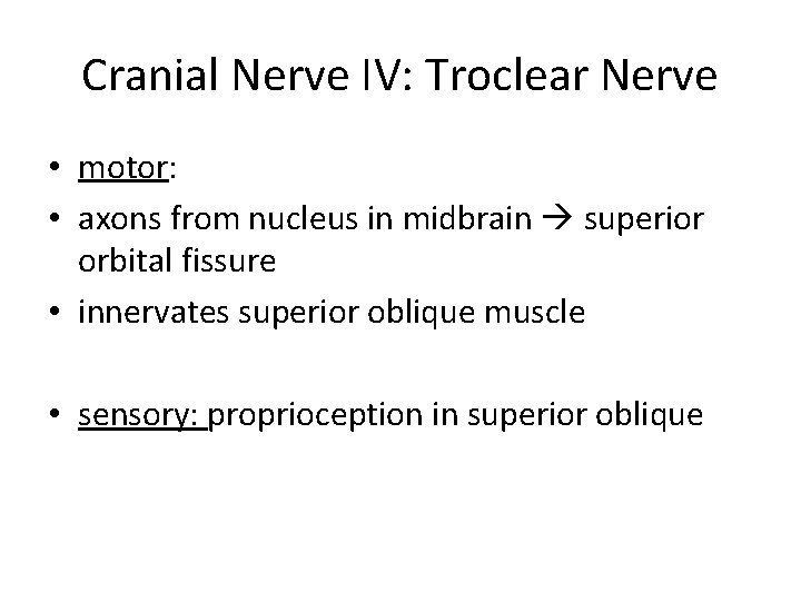 Cranial Nerve IV: Troclear Nerve • motor: • axons from nucleus in midbrain superior