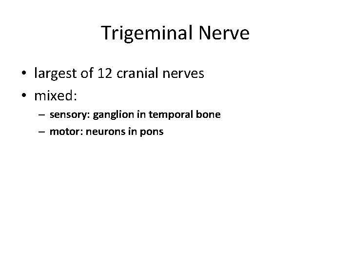 Trigeminal Nerve • largest of 12 cranial nerves • mixed: – sensory: ganglion in