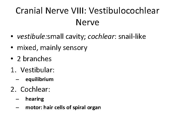 Cranial Nerve VIII: Vestibulocochlear Nerve • vestibule: small cavity; cochlear: snail-like • mixed, mainly