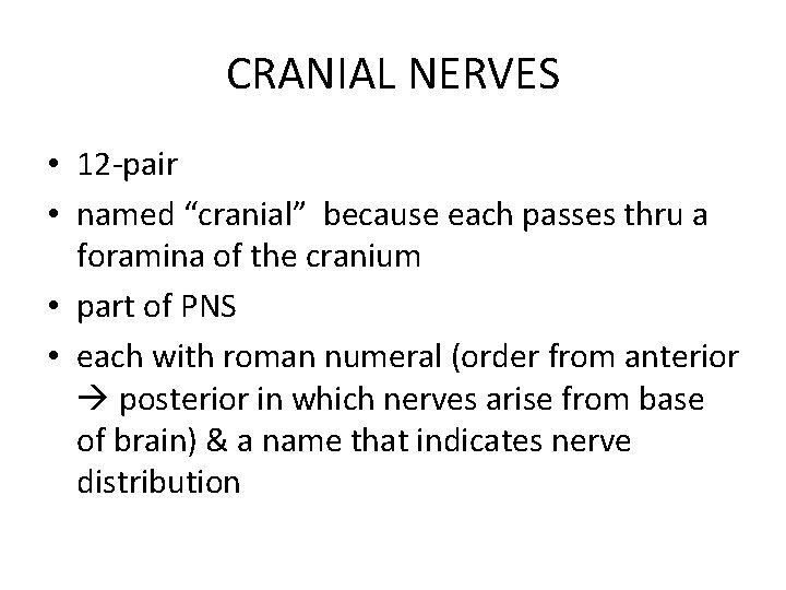 CRANIAL NERVES • 12 -pair • named “cranial” because each passes thru a foramina