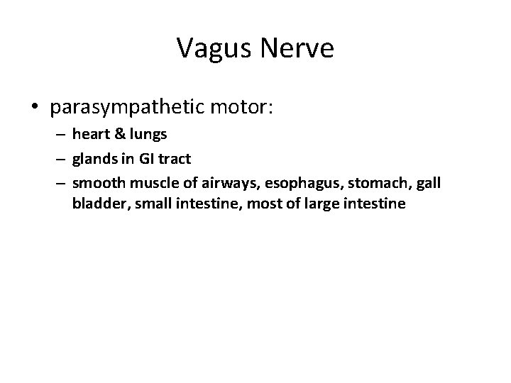 Vagus Nerve • parasympathetic motor: – heart & lungs – glands in GI tract