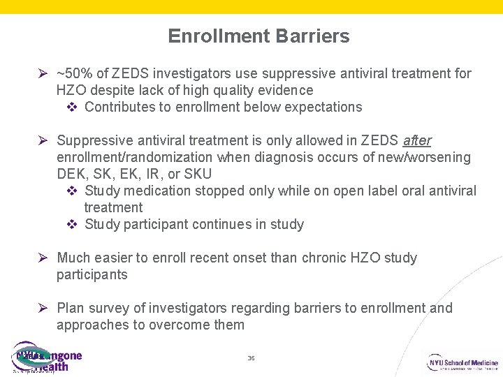 Enrollment Barriers Ø ~50% of ZEDS investigators use suppressive antiviral treatment for HZO despite
