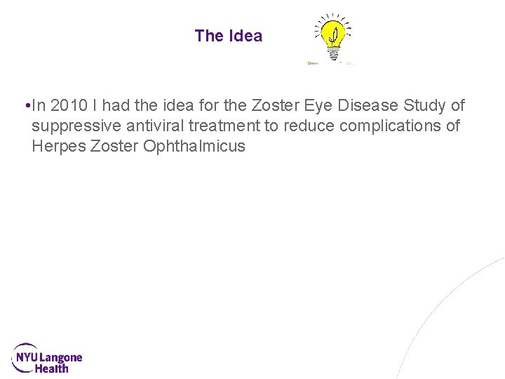 The Idea • In 2010 I had the idea for the Zoster Eye Disease