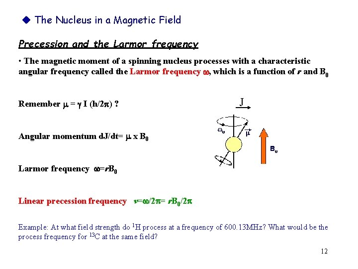  The Nucleus in a Magnetic Field Precession and the Larmor frequency • The