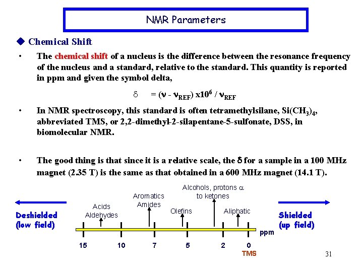 NMR Parameters Chemical Shift • The chemical shift of a nucleus is the difference