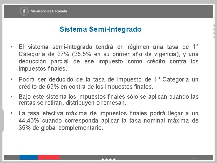 Sistema Semi-Integrado • El sistema semi-integrado tendrá en régimen una tasa de 1° Categoría