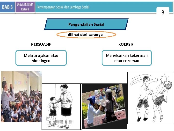 Pengendalian Sosial dilihat dari caranya : PERSUASIF KOERSIF Melalui ajakan atau bimbingan Menekankan kekerasan