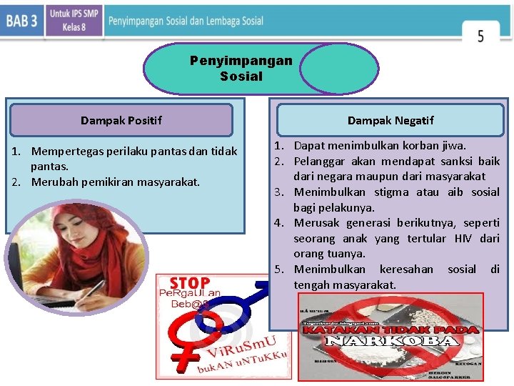 Penyimpangan Sosial Dampak Positif Dampak Negatif 1. Mempertegas perilaku pantas dan tidak pantas. 2.