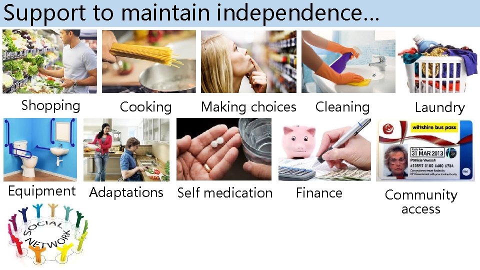 Support to maintain independence… Shopping Equipment Cooking Making choices Adaptations Self medication Cleaning Finance Support to maintain independence… Shopping Equipment Cooking Making choices Adaptations Self medication Cleaning Finance