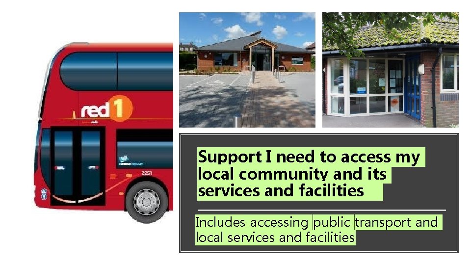 Support I need to access my local community and its services and facilities Includes Support I need to access my local community and its services and facilities Includes
