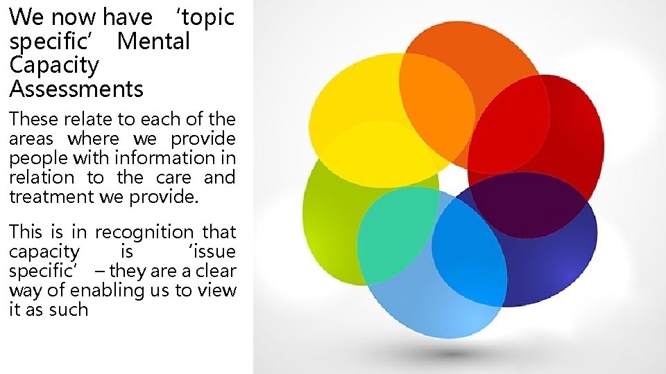 We now have ‘topic specific’ Mental Capacity Assessments These relate to each of the We now have ‘topic specific’ Mental Capacity Assessments These relate to each of the