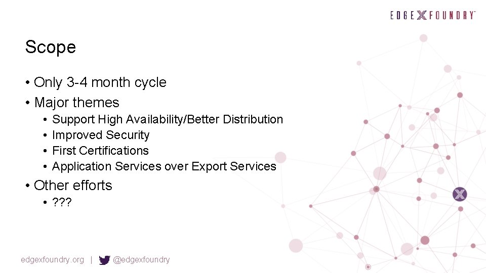 Scope • Only 3 -4 month cycle • Major themes • • Support High