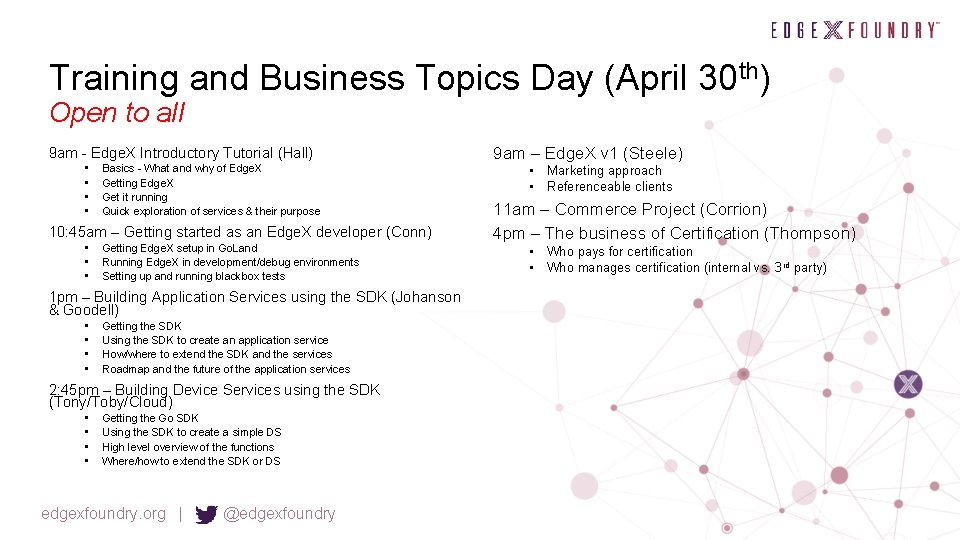 Training and Business Topics Day (April 30 th) Open to all 9 am -