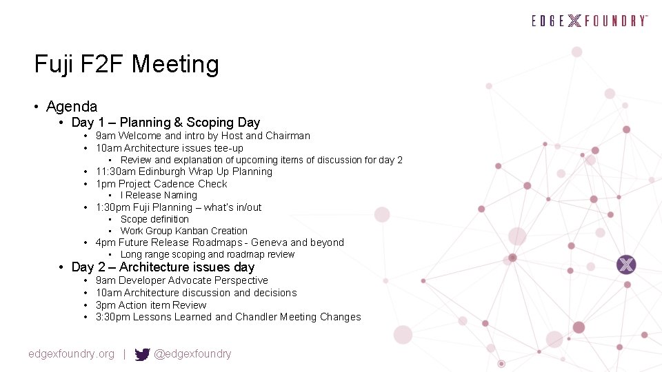 Fuji F 2 F Meeting • Agenda • Day 1 – Planning & Scoping