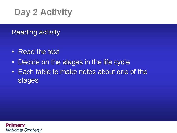 Day 2 Activity Reading activity • Read the text • Decide on the stages