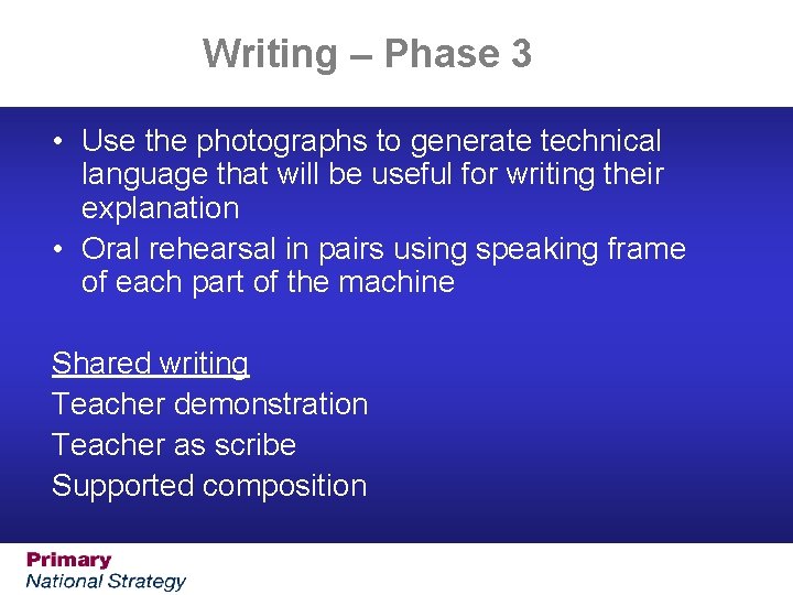 Writing – Phase 3 • Use the photographs to generate technical language that will