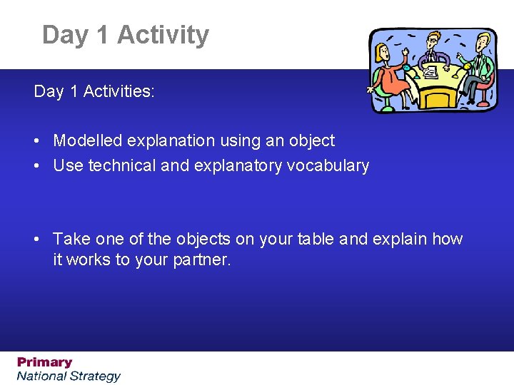 Day 1 Activity Day 1 Activities: • Modelled explanation using an object • Use