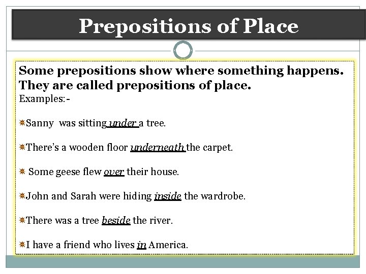 Prepositions of Place Some prepositions show where something happens. They are called prepositions of