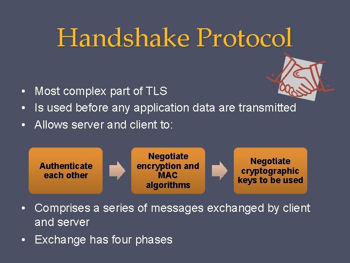 Handshake Protocol • Most complex part of TLS • Is used before any application Handshake Protocol • Most complex part of TLS • Is used before any application