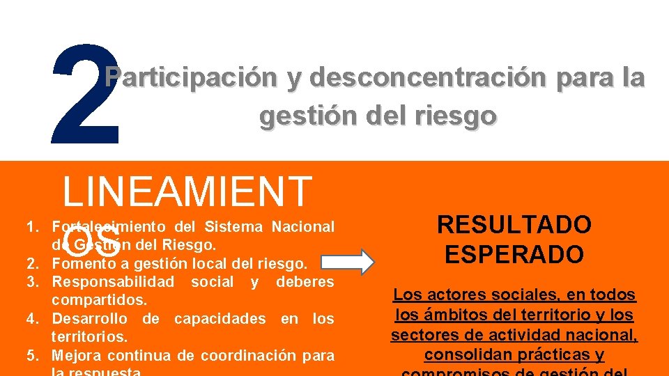 2 Participación y desconcentración para la gestión del riesgo LINEAMIENT OS 1. Fortalecimiento del