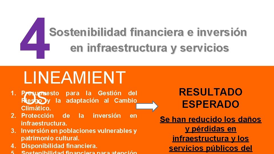 4 Sostenibilidad financiera e inversión en infraestructura y servicios LINEAMIENT OS 1. Presupuesto para