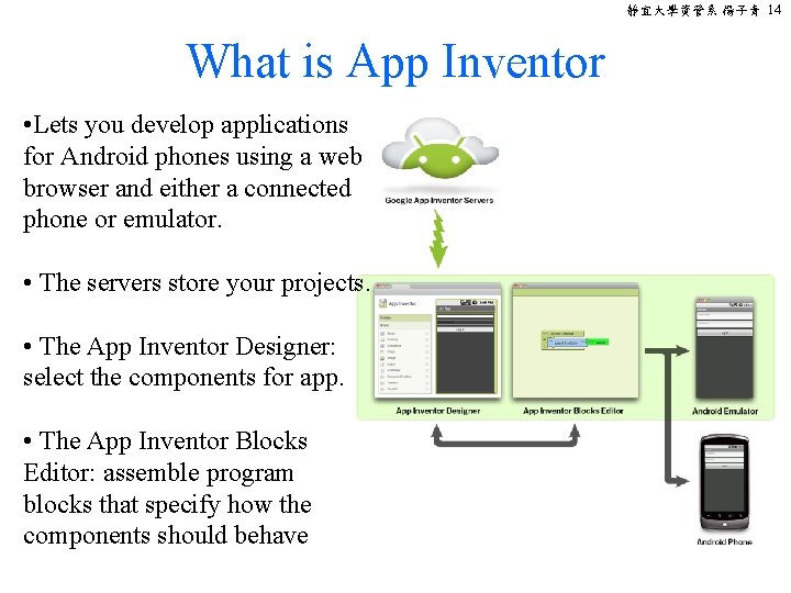 靜宜大學資管系 楊子青 14 What is App Inventor • Lets you develop applications for Android