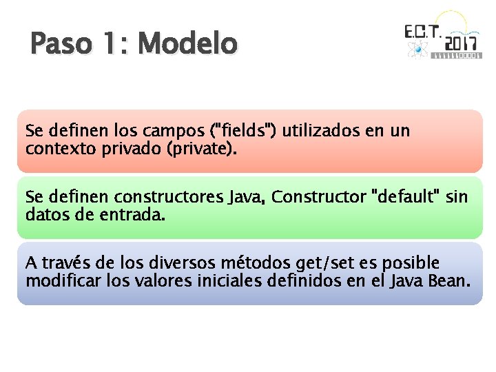 Paso 1: Modelo Se definen los campos ("fields") utilizados en un contexto privado (private).