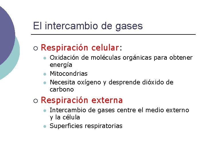 El intercambio de gases ¡ Respiración celular: l l l ¡ Oxidación de moléculas