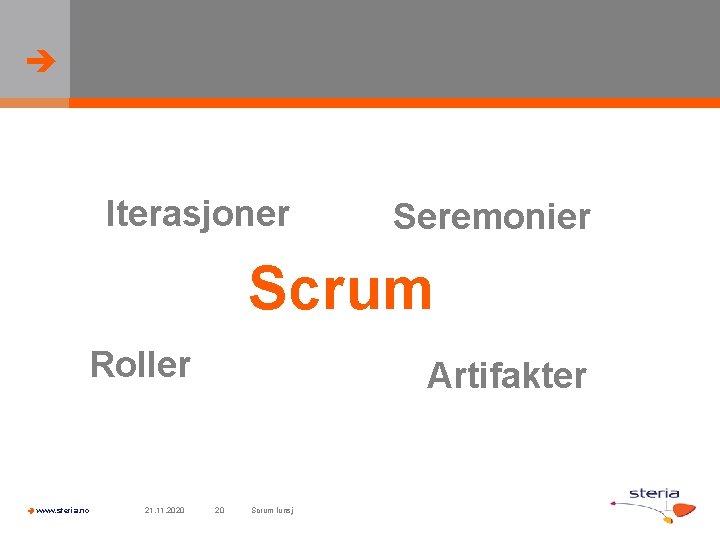  Iterasjoner Seremonier Scrum Roller www. steria. no 21. 11. 2020 Artifakter 20 Scrum