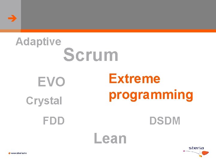  Adaptive Scrum EVO Crystal Extreme programming FDD DSDM Lean www. steria. no 