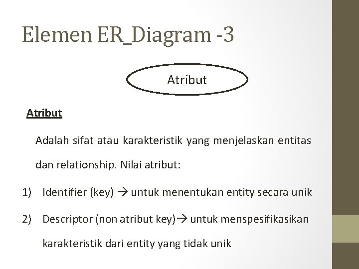 Elemen ER_Diagram -3 Atribut Adalah sifat atau karakteristik yang menjelaskan entitas dan relationship. Nilai