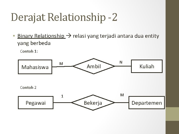 Derajat Relationship -2 • Binary Relationship relasi yang terjadi antara dua entity yang berbeda