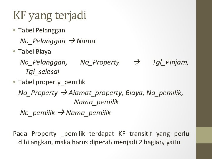 KF yang terjadi • Tabel Pelanggan No_Pelanggan Nama • Tabel Biaya No_Pelanggan, Tgl_selesai No_Property KF yang terjadi • Tabel Pelanggan No_Pelanggan Nama • Tabel Biaya No_Pelanggan, Tgl_selesai No_Property