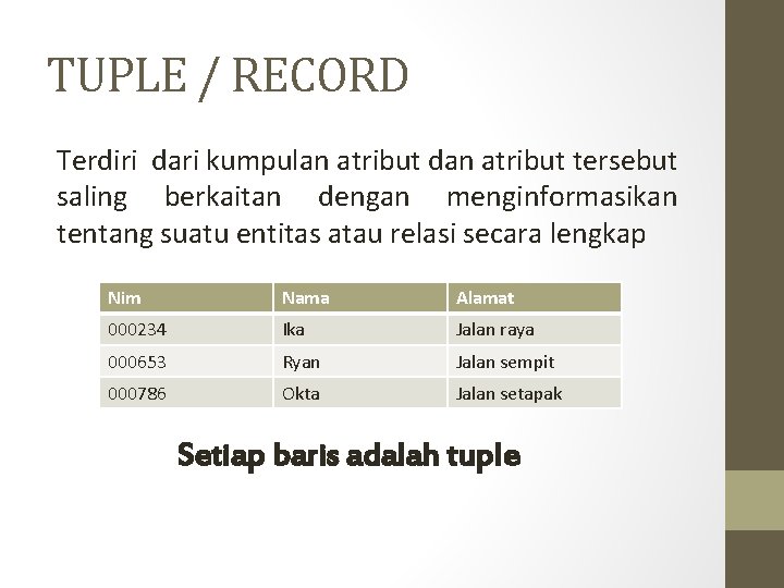 TUPLE / RECORD Terdiri dari kumpulan atribut dan atribut tersebut saling berkaitan dengan menginformasikan TUPLE / RECORD Terdiri dari kumpulan atribut dan atribut tersebut saling berkaitan dengan menginformasikan
