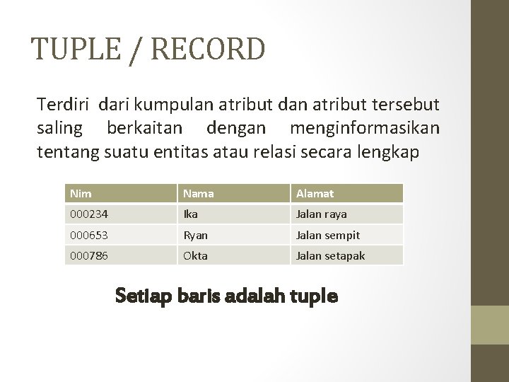 TUPLE / RECORD Terdiri dari kumpulan atribut dan atribut tersebut saling berkaitan dengan menginformasikan
