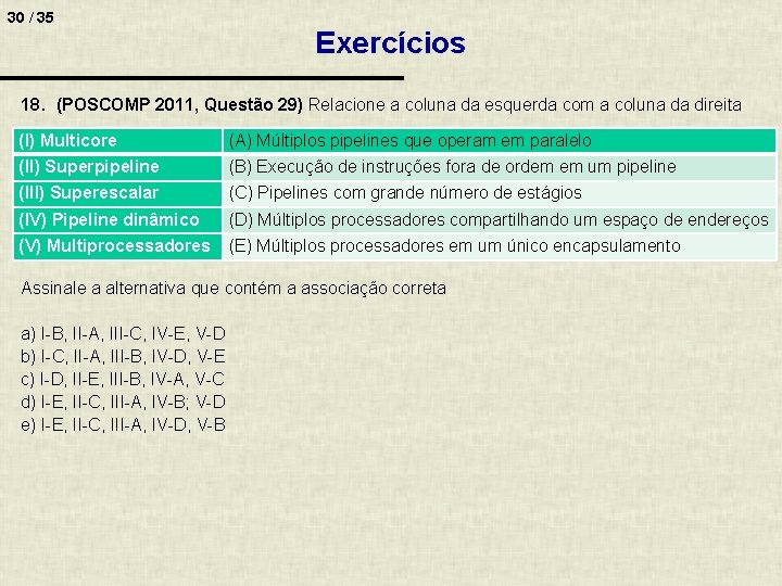 30 / 35 Exercícios 18. (POSCOMP 2011, Questão 29) Relacione a coluna da esquerda