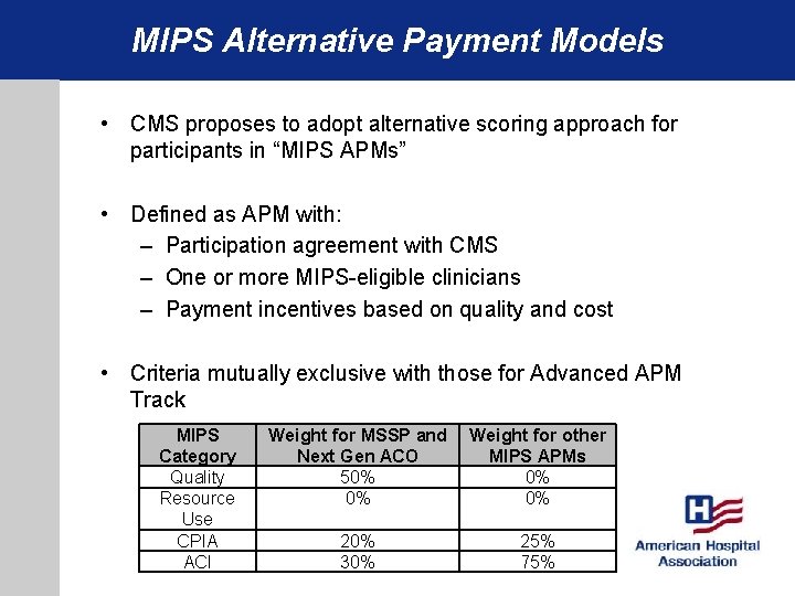 MIPS Alternative Payment Models • CMS proposes to adopt alternative scoring approach for participants