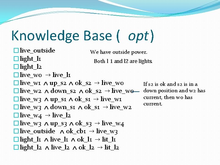 Knowledge Base ( opt) �live_outside We have outside power. �light_l 1 Both l 1