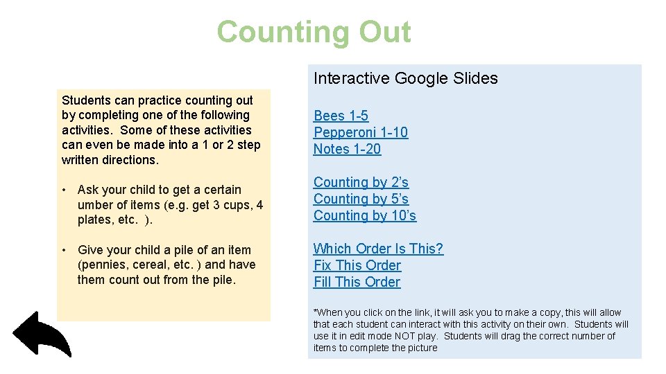 Counting Out Interactive Google Slides Students can practice counting out by completing one of