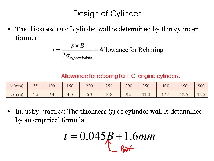 Design of Cylinder • The thickness (t) of cylinder wall is determined by thin