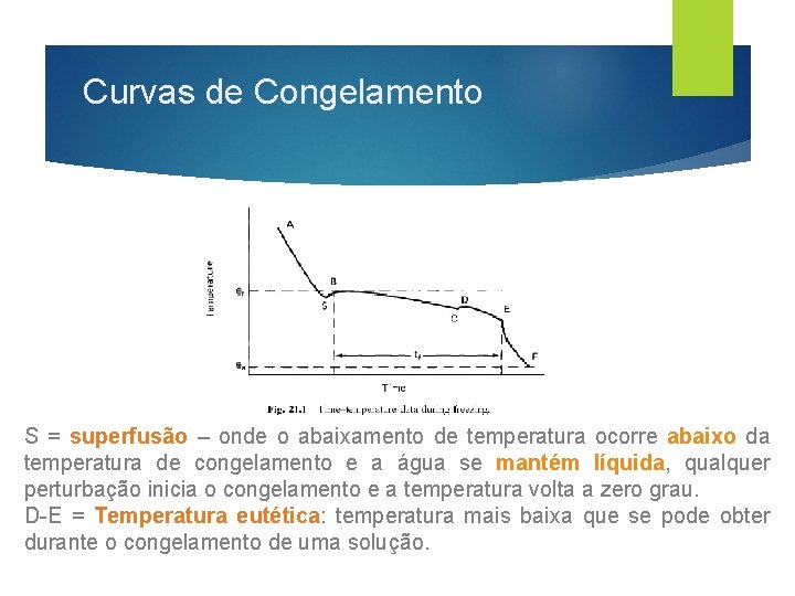 Curvas de Congelamento S = superfusão – onde o abaixamento de temperatura ocorre abaixo