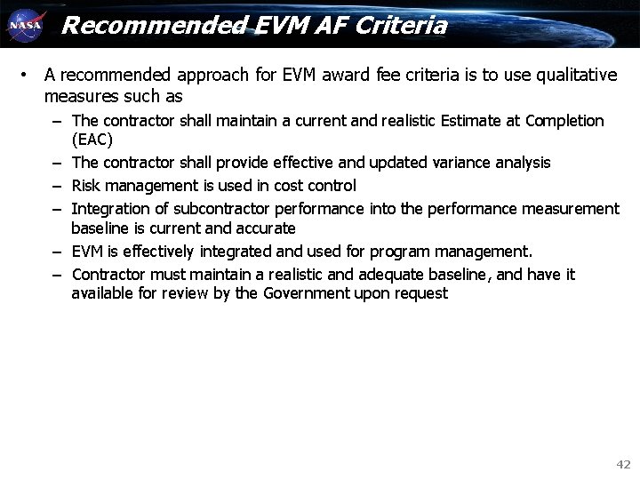Recommended EVM AF Criteria • A recommended approach for EVM award fee criteria is Recommended EVM AF Criteria • A recommended approach for EVM award fee criteria is