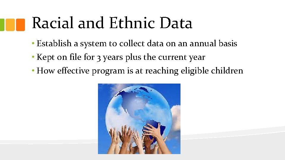 Racial and Ethnic Data • Establish a system to collect data on an annual