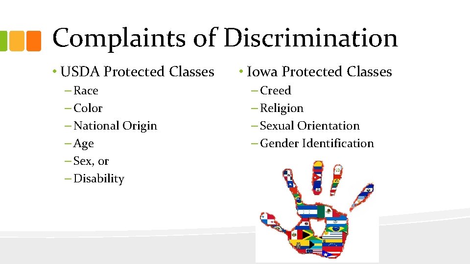 Complaints of Discrimination • USDA Protected Classes – Race – Color – National Origin