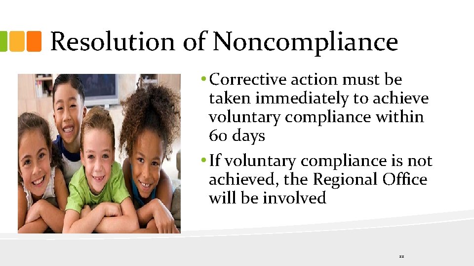 Resolution of Noncompliance • Corrective action must be taken immediately to achieve voluntary compliance