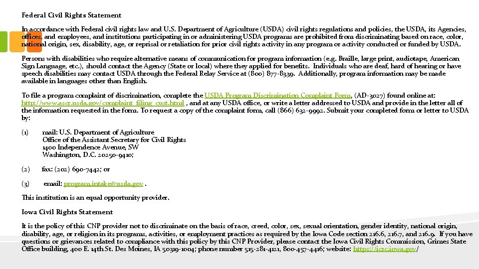 Federal Civil Rights Statement In accordance with Federal civil rights law and U. S.