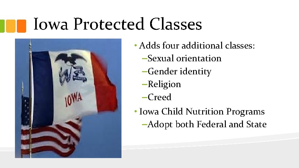 Iowa Protected Classes • Adds four additional classes: – Sexual orientation – Gender identity