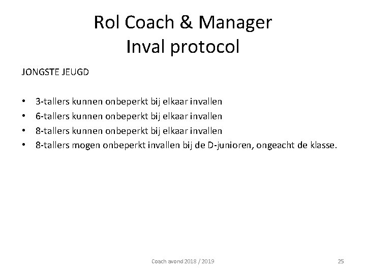 Rol Coach & Manager Inval protocol JONGSTE JEUGD • • 3 -tallers kunnen onbeperkt