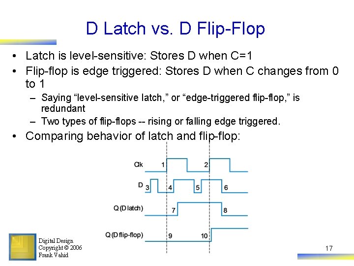D Latch vs. D Flip-Flop • Latch is level-sensitive: Stores D when C=1 •